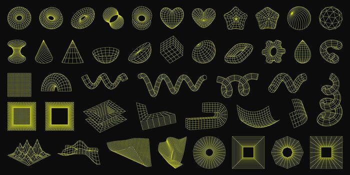 Set of wireframe 3D geometric shapes. Wire frame abstract figures. Torus, spirals, gear, heart, star. Distorted mesh grids. Isolated Graphic design elements. Editable strokes vector