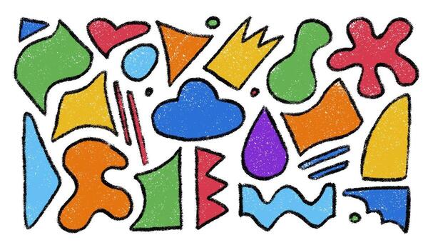 Set of abstract organic shapes and forms hand drawn with crayon. Wax pencils doodle set. Figures, crown, cloud, blobs in sketch style. Kids design elements. illustration isolated on white. vector