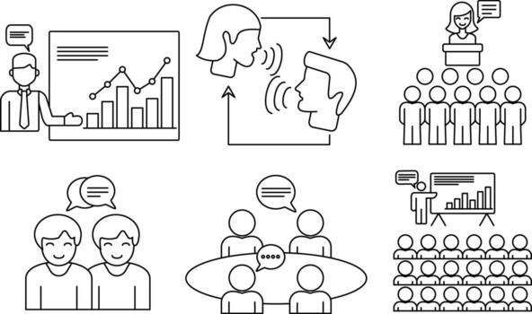 Speaking Line Editable Icons featuring business presentation, face-to-face communication, public speaking, meeting, discussion, and audience vector