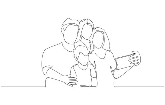 Continuous one line drawing of family taking group selfie with phone, symbolizing unity, love, togetherness, and joy of capturing memory, single line art vector