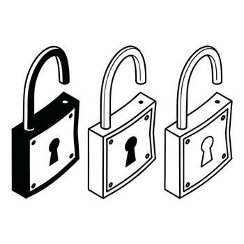 Three open padlocks in black and white isometric view depicting security vulnerability and access concept with different levels of shading vector