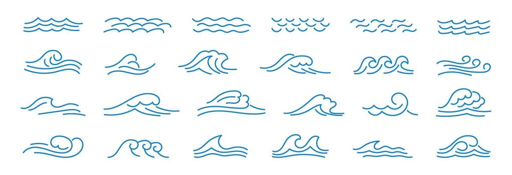 Collection of hand drawn wave line sea curves icons, splashes and nautical patterns. Minimal art with rippled and zigzag forms perfect for marine backgrounds, ornaments, and summer designs. vector