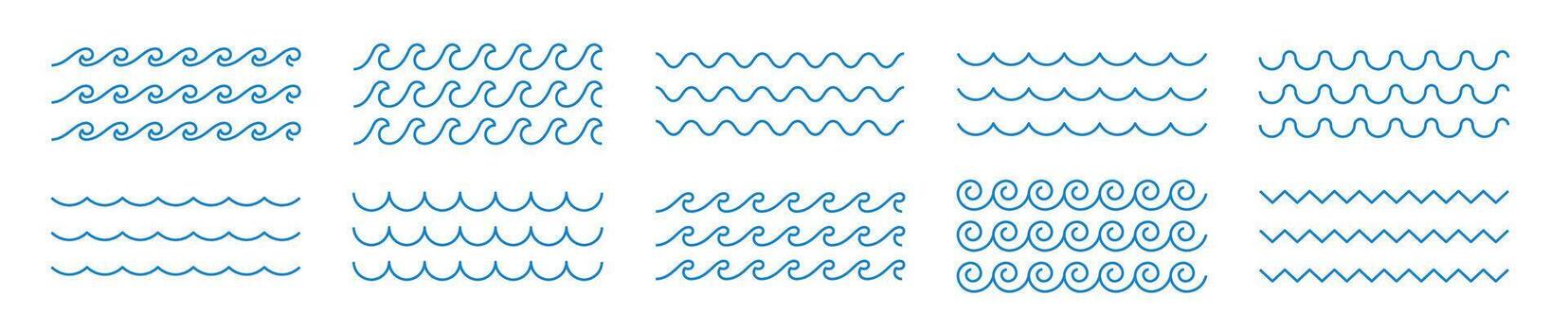 Stylized nautical wave and ripple symbols with smooth curves, zigzags, and tide inspired lines. Versatile elements for beach illustrations, marine logos, and abstract water designs. vector