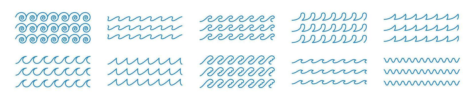 Minimal blue wave and ripple set with zigzag lines, swirls, and flowing curves. Ideal for ocean themed graphics, surf illustrations, pool icons, and seamless summer patterns. vector
