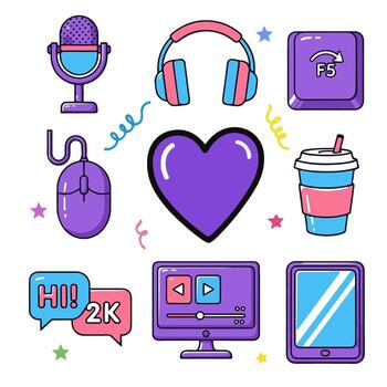 Playful Handdrawn Streaming Element and Gadget Icon Set with Cute Outlines vector