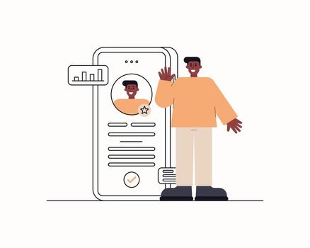 Flat style illustration of a smiling character with smartphone. Representing personal branding, vector