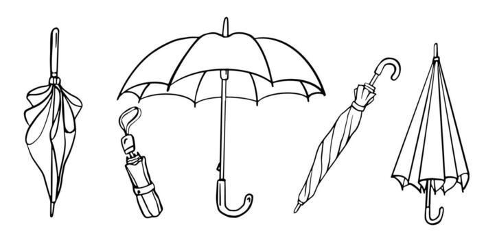 Monochrome line art of five umbrellas in various open and closed states, perfect for weather icons, stationery, branding, packaging, textile prints, and web graphics. vector