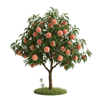Lush peach tree abundant with ripe fruit standing on a verdant patch with transparent rendering png
