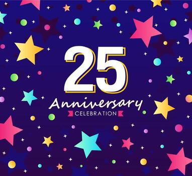 25 years anniversary celebration logo with ribbon and stars twinkle sparkle. vector