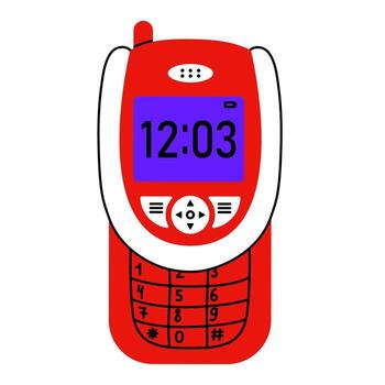 retro móvil teléfono con físico teclado y pequeño pantalla demostración tiempo. clásico rojo caja con numérico botones y antena. nostálgico 2000 artilugio aislado en blanco fondo, ideal para diseño usar. vector