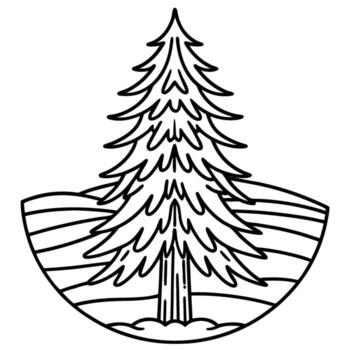 Tall evergreen tree illustration, stylized pine standing alone on curved field background, outline minimal design vector