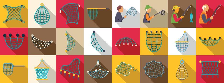 Fishing net icons set. Fishing net icons set with fishermen using landing net and fishing rod for catching fish vector