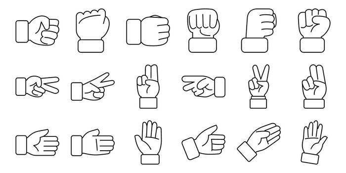 Rock paper scissors icons set. Set of hand gestures icons representing rock paper scissors and other signs vector