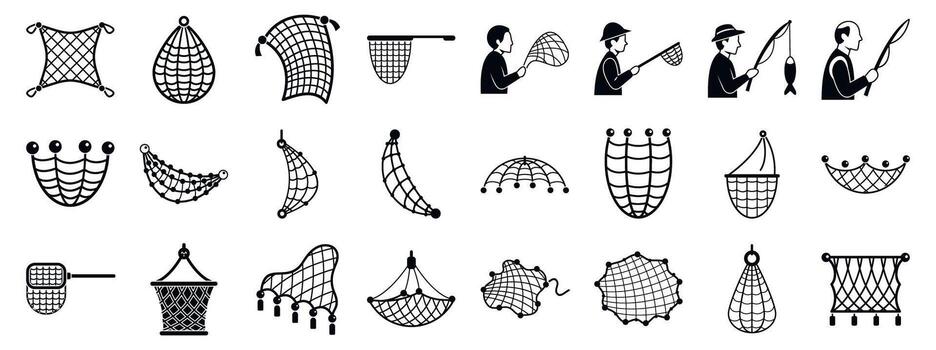 Fishing net icons set. Fishermen holding nets and various fishing net icons set vector