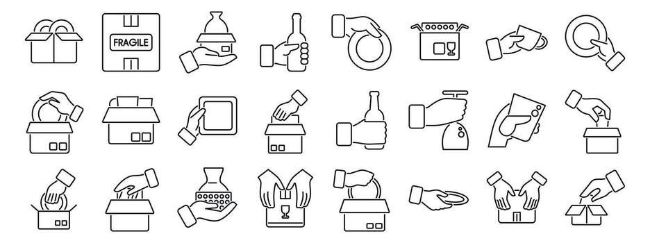 Hands packing fragile icons set. Couriers and waiters handling goods, delivering packages and serving plates, line icon set vector