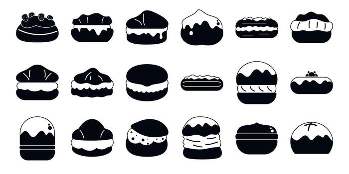 Cream puff icons set. Set of whoopie pie, macarons and eclair icons showing different fillings and toppings vector