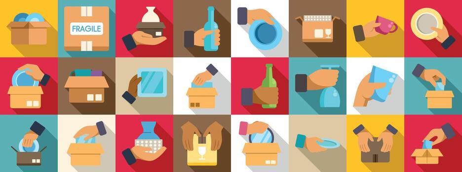 Hands packing fragile icons set. Careful hands packing fragile items for safe relocation vector