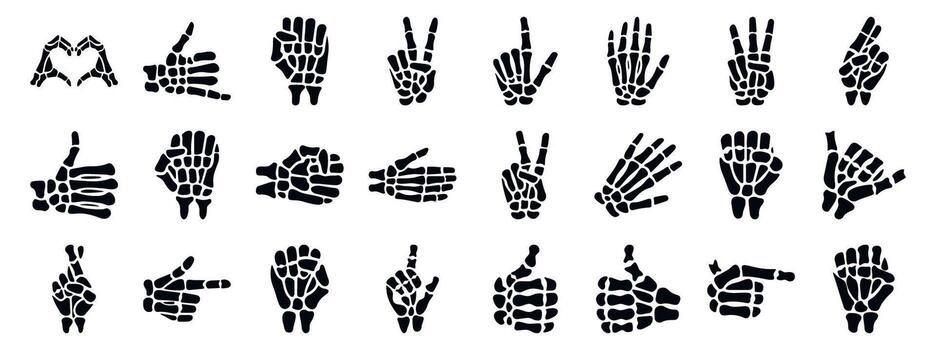 Skeleton bone gesture icons set. Skeleton hands making gestures, from heart shapes to pointing fingers vector