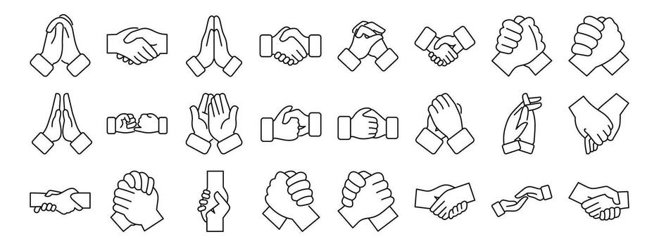 Clasped hands icons set. Hand gestures showing praying, handshaking, fist bumping, and supporting vector