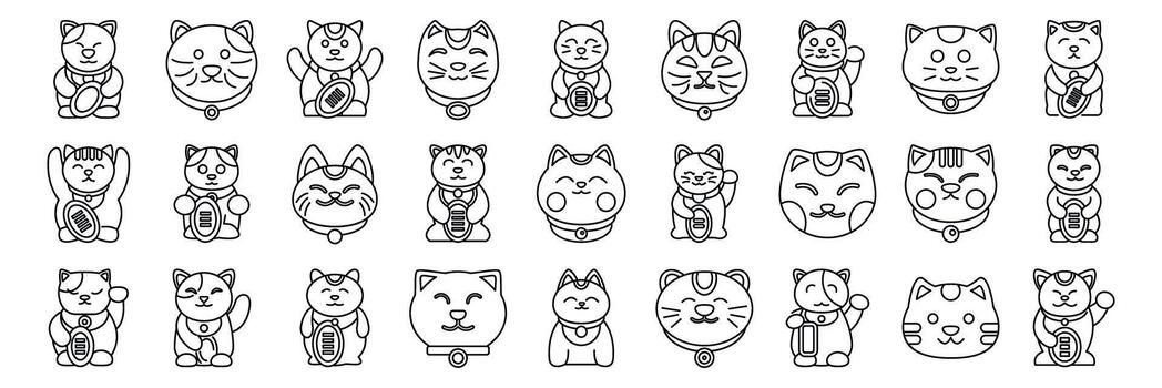 Maneki icons set. Set of maneki neko waving and inviting cats bringing good luck and fortune vector