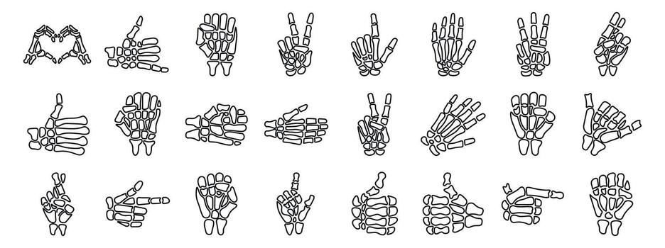 Skeleton bone gesture icons set. Skeleton hands making various gestures, including heart shape, thumbs up, pointing, and peace sign vector