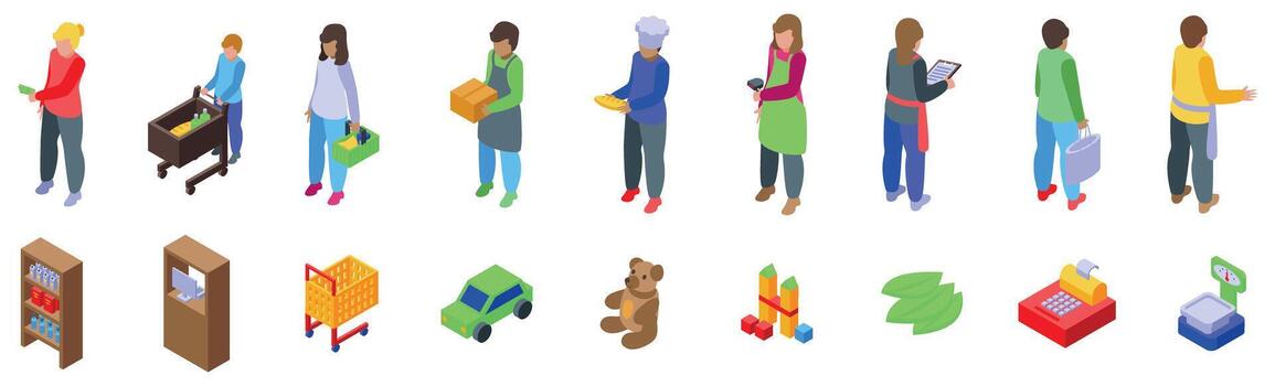 Isometric illustrations of people and objects vector