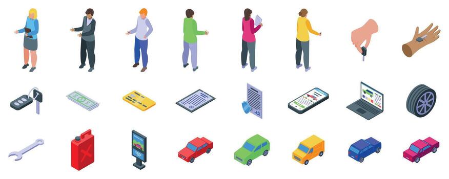 Isometric icons of people and objects vector