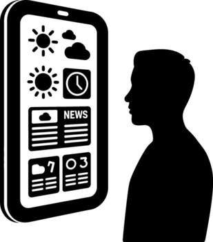 Man looking at smartphone screen displaying weather news and time icons silhouette profile vector