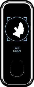 Black rectangular device with blue face scan icon and text facial recognition technology vector