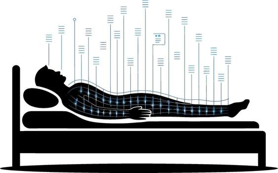 Silhouette of person in bed with glowing data points and lines sleep technology vector