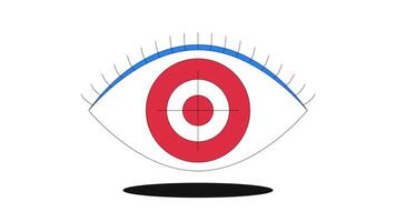 guardare per strategia 2d onboarding ui animazione. occhio con occhio di bue. visivo targeting. chiarezza, intento, messa a fuoco. missione visione animato cartone animato piatto concetto, App intro 4k isolato su bianca video
