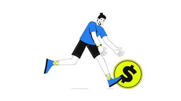 in esecuzione per ottenere sconto 2d onboarding ui animazione. uomo chasing rotolamento dollaro moneta. guadagno ricompensa. speciale offrire per acquirente animato cartone animato piatto concetto, App intro 4k isolato su bianca video