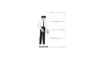Hispanic businessman stacking blocks for data visualization outline 2D character doodle animation. Latino office worker building dataset animated person isolated on white. Linear drawing 4K video