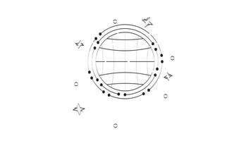 Globe grid with circular data nodes outline 2D object doodle animation. Circular structure world. Global network orbiting points animated item isolated on white. Monochrome linear drawing 4K video