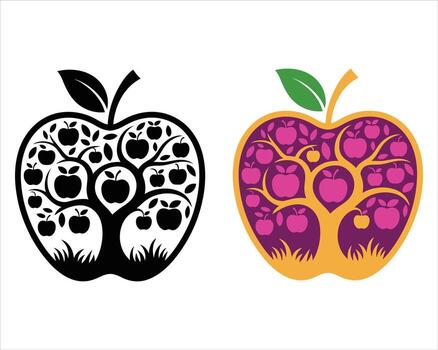 Two apple trees with apples one black and one colorful vector