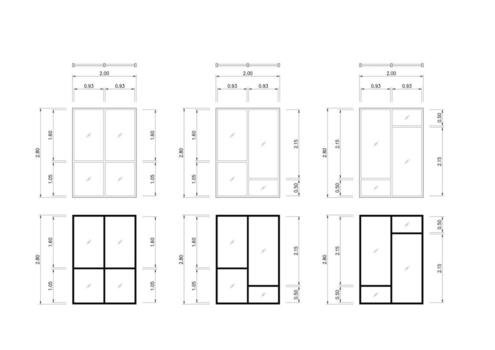 Architectural door and window elevation drawings with detailed dimensions, sections, and frame styles. Includes line weight variations for the design vector