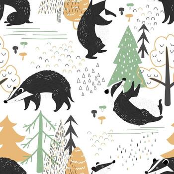 Cute pattern of badger in the forest. Seamless pattern vector