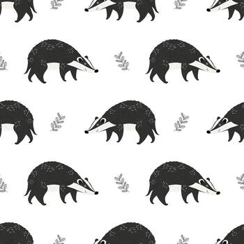 Seamless pattern with cartoon style badgers characters and decorative leaf design elements repeated vector
