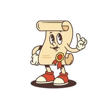 Smiling Scroll Mascot Pointing Up with Ribbon Seal and Sneakers in Retro Cartoon Style Illustration vector