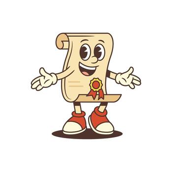 sonriente Desplazarse mascota con rojo zapatillas y cinta sello en clásico dibujos animados estilo ilustración vector