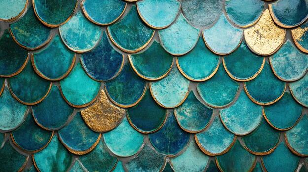 Teal and golden textured tiles create a shimmering scale pattern and unique vibrant background photo