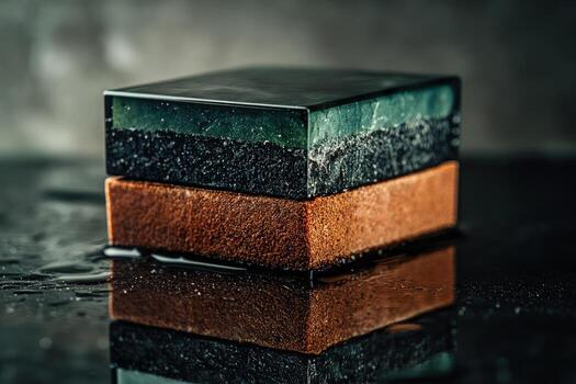 Three wet layered rectangular objects showcase brown, black, and glossy green colors and textures photo