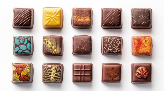 Varied pattern square chocolate bonbons arranged in organized rows exhibit unique color and texture photo