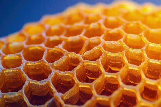 Golden honeycomb structure displays intricate hexagonal patterns on a blue background in extreme macro detail photo