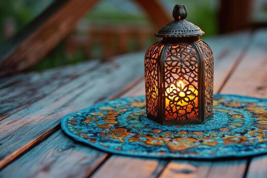 Candlelight glows within a rustic metal lantern resting atop a patterned round rug placed on the table photo