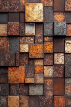 Textured square blocks in brown and gold create a visually striking three dimensional stacked pattern photo