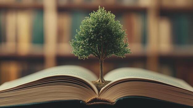 Verdant tree grows from an open book with a soft bookshelf backdrop photo