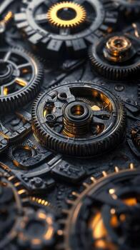 Intricate silver and gold gears interlock, creating a complex mechanical pattern with metallic shine photo