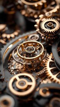 Golden mechanical gears interlock, showcasing intricate engineering and clockwork precision in a close up view photo
