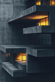 Geometric concrete structure featuring recessed lighting with glowing windows and sharp cantilevered edges photo